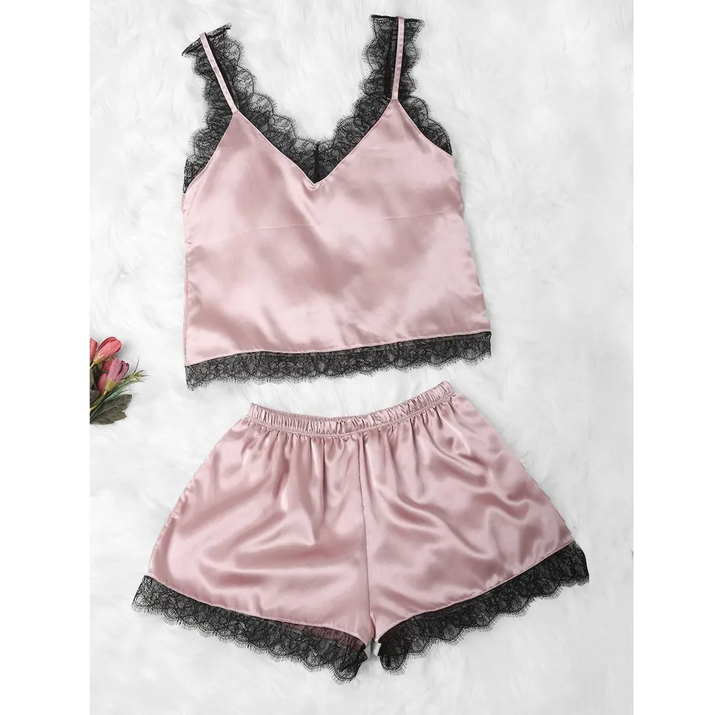 

New Spring Womens Sexy Sleepwear Set Satin Sling Sleepwear Lingerie Lace Bowknot Nightdress Underwear seksi bayan gecelikler A3