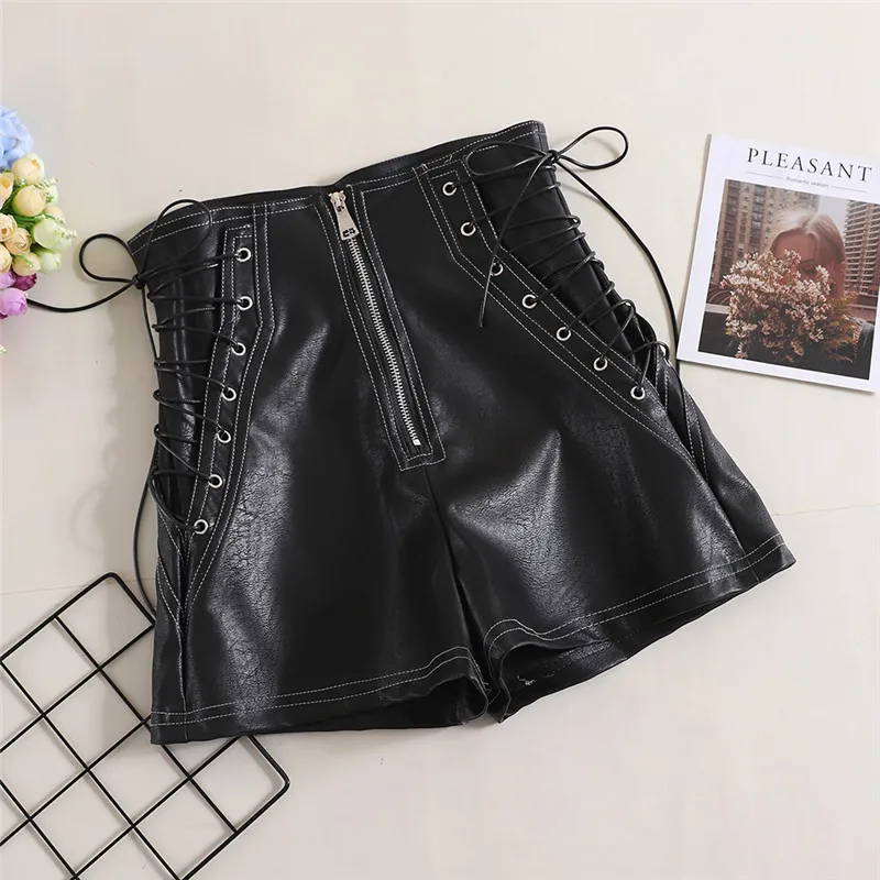 patagonia shorts 2018 Autumn Women PU Shorts Tie High Waist Shorts Female Casual Black Shorts Ladies All Match Wide leg Shorts Short Pants AB1170 skorts Shorts