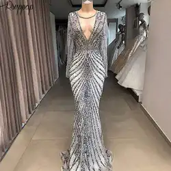 Роскошные Длинные вечернее платье 2019 Sparkly See Through с длинным рукавом из бисера Кристаллы серебро Формальные женские вечерние платья robe de soiree