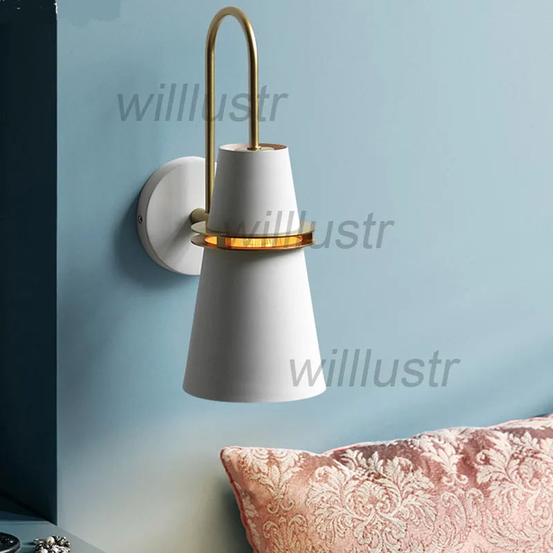 US $108.80 Macaron Color Iron Shade Wall Lamp Horn Shape Trumpet Sconce Nordic Style Bedside Aisle Hotel Restaurant Light Black Blue White