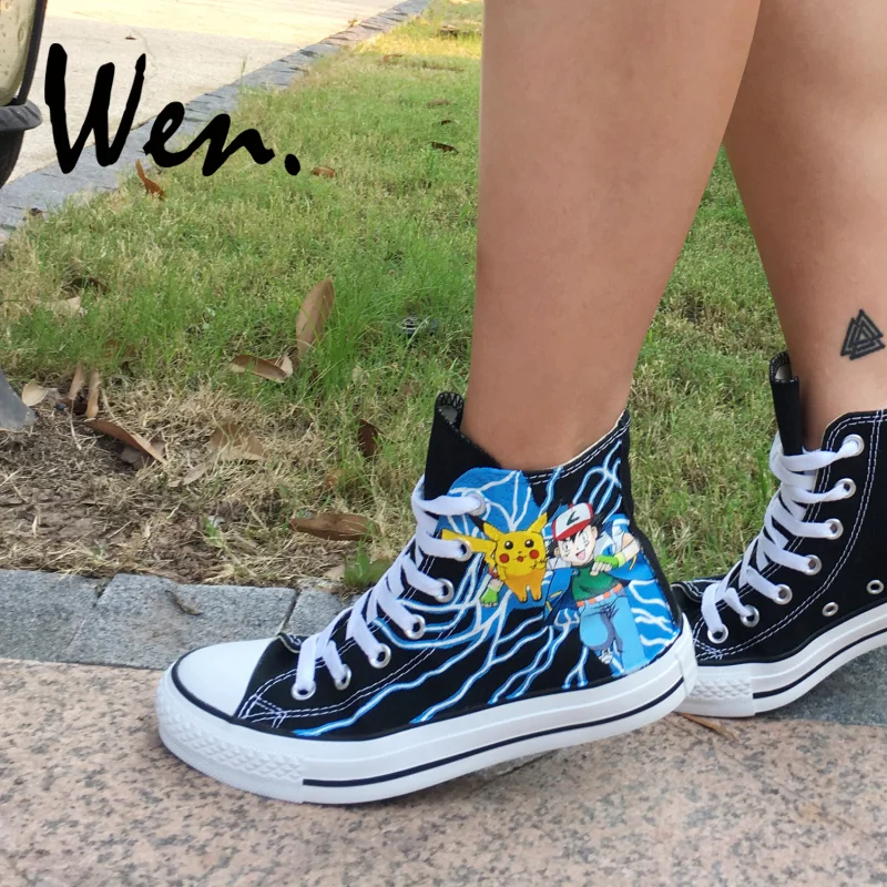Wen Unisex Canvas Schoenen Ontwerp Anime Pocket Monster As Pokemon Pikachu Hand Geschilderd Skateboard Schoenen Custom Hoge Top Zwarte Schoen Wen Unisex Canvas Schoenen Ontwerp Anime Pocket Monster As Pokemon Pikachu Hand Geschilderd Skateboard Schoenen Custom Hoge Top Zwarte Schoen