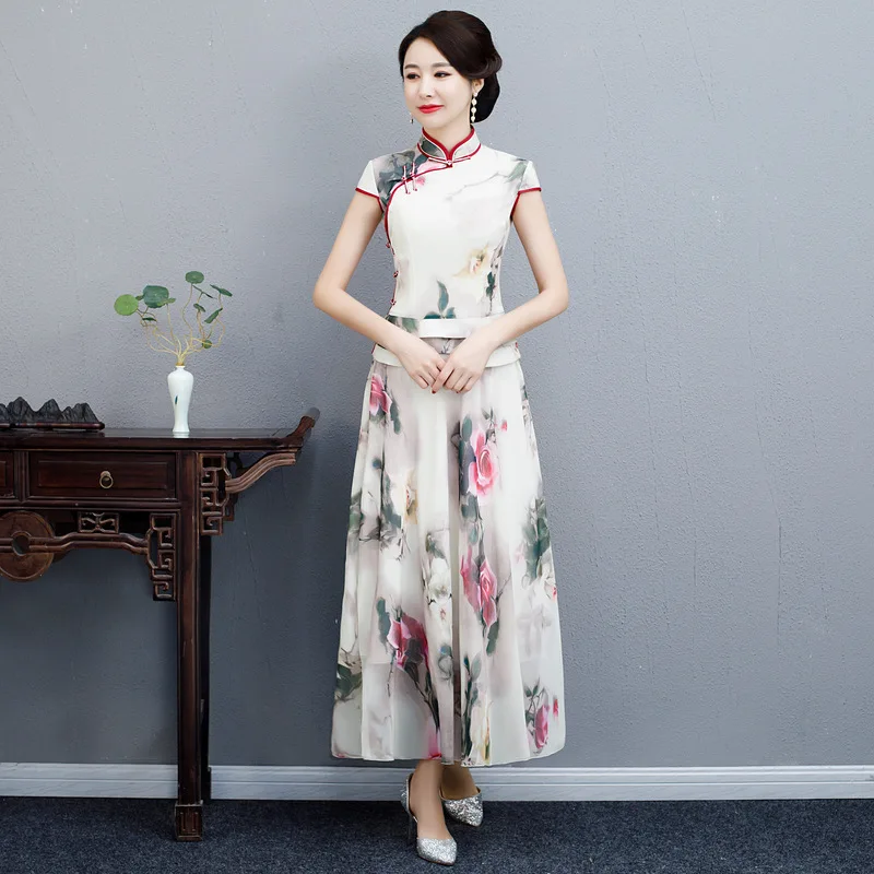 2019 новые женские длинные Cheongsam рубашка юбка комплект летний Традиционный китайский стиль шифон Qipao женские тонкие вечерние платья S-3XL