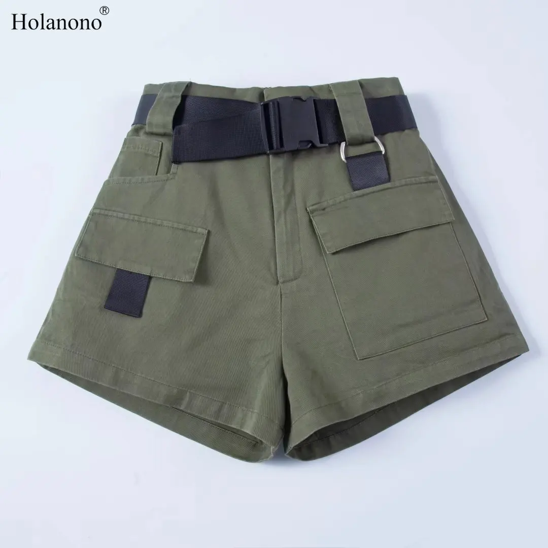 Holanono эластичные шорты с высокой талией для женщин черные летние шорты с поясом винтажные сексуальные хлопковые байкерские шорты с карманами Feminino
