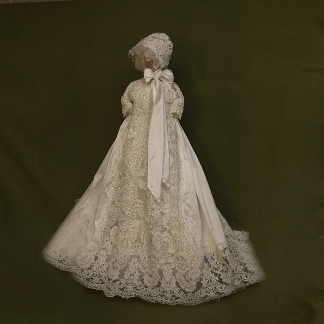 Best price at $161 Cheap With Hat Baby Christening Dresses Lace White and Ivory A-line Beading Formal Short Sleeves Taffeta High Quality Birthday Gowns