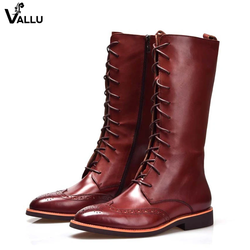 

Wingtip Perforated Brogues Shoes Men British Fashion Fretwork Martin Boots Real Leather Lace-Up 2018 New Male Long Riding Boots