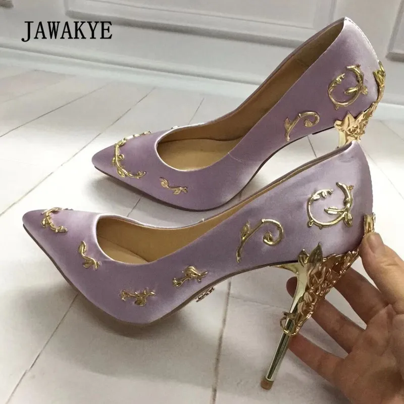 

Newest Luxury Satin High Heel Shoes Woman Pointed Toe Metal Branch Decor Strange Metal Heel Pumps Women Wedding Shoes