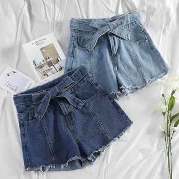 

Summer High Waist Denim Shorts Women Casual Loose Pockets Sashes Jeans