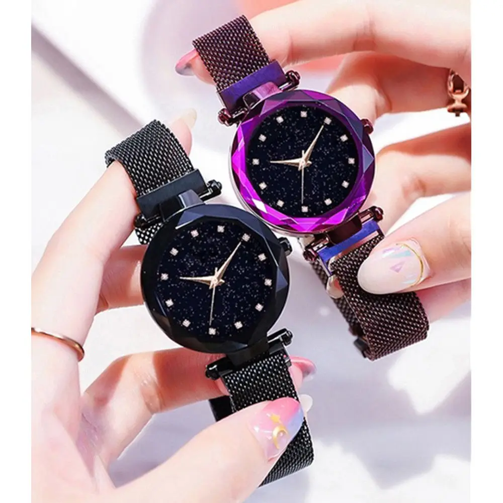 

Starry Background Ladies Quartz Watch Galaxy Dial Star Space Pattern Analog Wrist Watches Metal Strap Magnet Clasp Watch