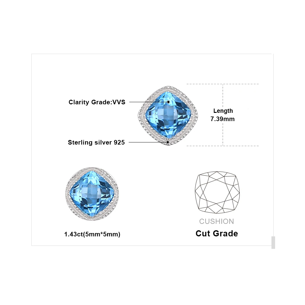 Jewelrypalace Винтаж 1.43ct квадратный Природный Голубой топаз Серьги гвоздики 100%