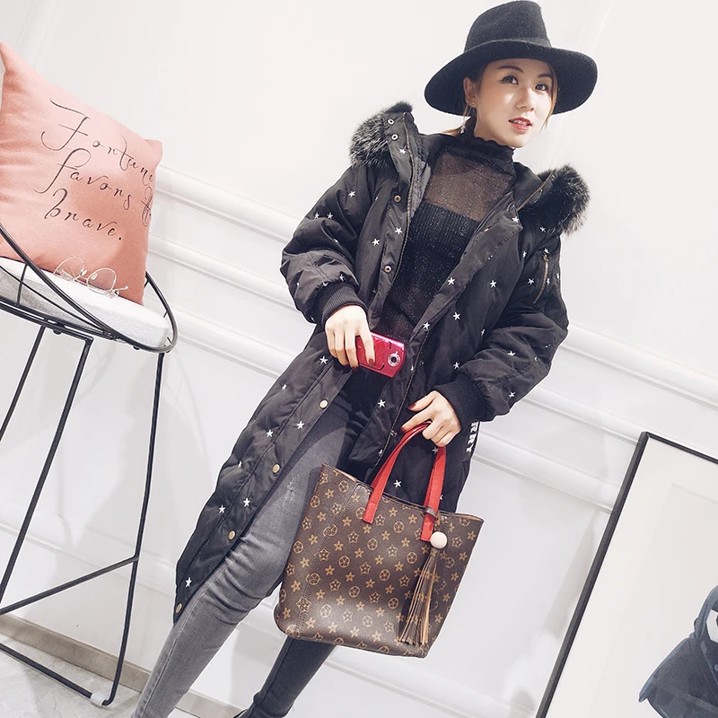 Embroidery stars natural raccoon dog fur collar hooded white duck down jackets women down coats outerwear 2018 autumn winter
