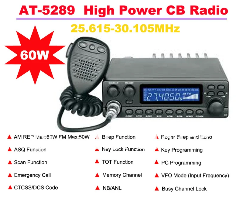 AnyTone AT-5289 25,615 МГц-30,105 МГц AM REP Макс.: 60 Вт FM Макс.: 50 Вт Высокая мощность CB(Citizens Band) радиостанция Макс 20 км говорящий диапазон