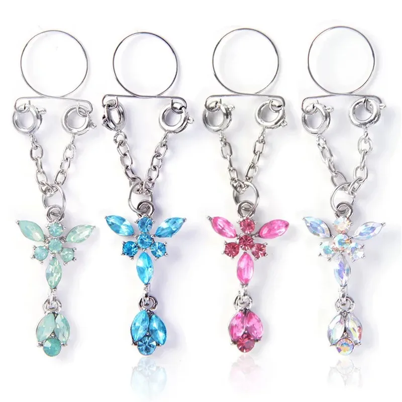 

2PCS Red/Blue Flower Non pierced Clip On Nipple Rings Women Sexy Fake Nipple Ring Piercing Dangle Adjustable Body Jewelry Gift