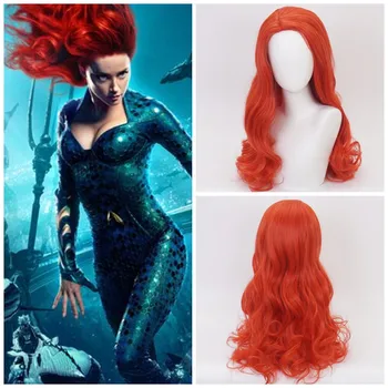 

Mera Cosplay Wig American Anime Movie Aquaman Aquaman Long Wavy Synthetic Hair Women Costume Party Wig Red With One Cap
