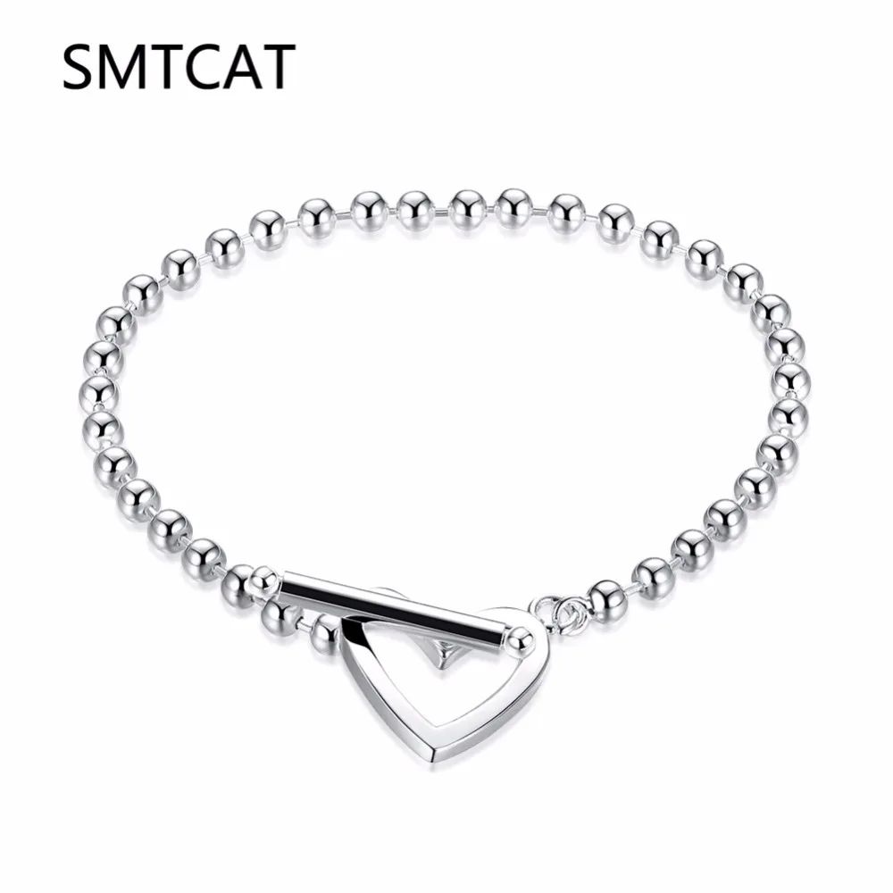 SMTCAT 925 Solid Real Sterling Silver Fashion Beads Heart Star Bracelet 16cm For Teen Girls Lady Gift Women Jewelry DS1014
