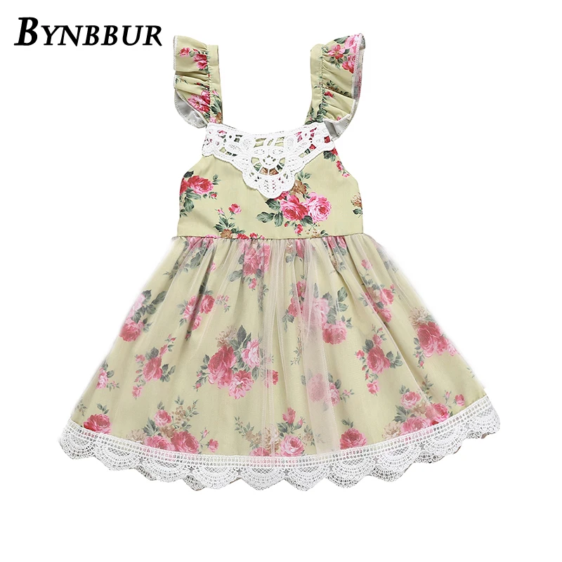 Bynbbur Mesh Lace Patchwork Floral Print Dress Girls Party Dress Sleeveless Cute Baby Backless Kid Girl Mini Dress 2019 Summer