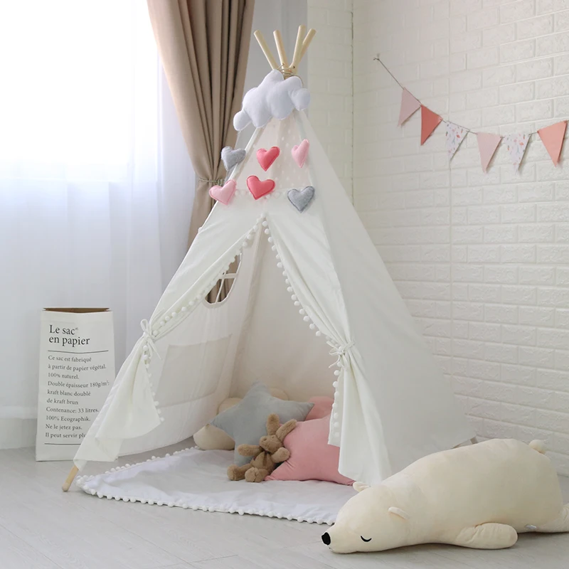 

White Pom Poms Kinder Tipi Tent With Roll-up window Childrens Teepees Tippi
