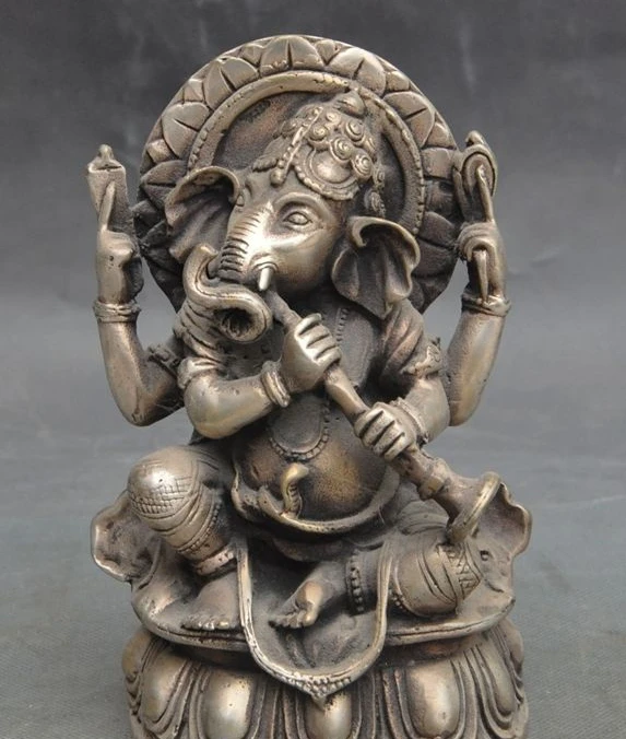 

6" Tibet Buddhism Joss Silver Elephant Jambhala Ganesha Wealth God Buddha Statue