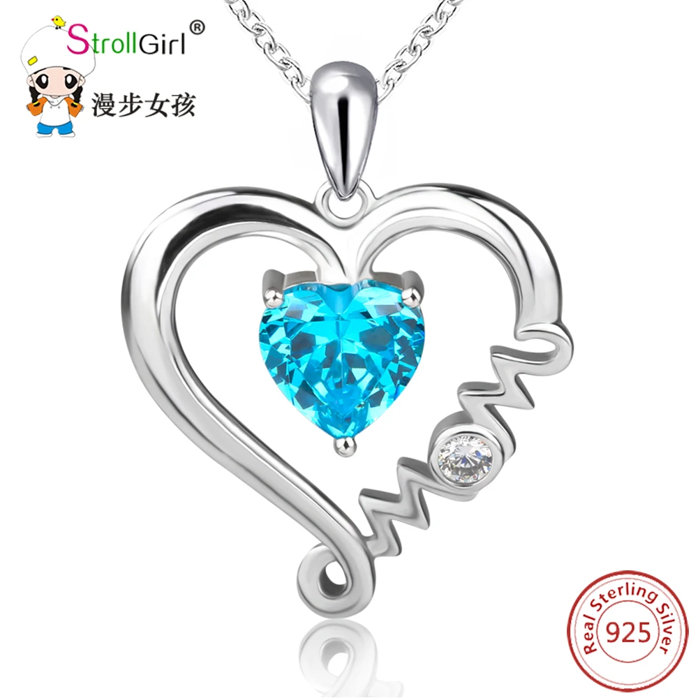 

StrollGirl 925 Sterling Silver Chain Pendant Necklace Fashion Jewelry Blue CZ Love Heart For Mom Necklaces & Pendants For Women