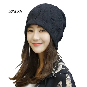 

3 colors Korean hollow Winter Hat female turban elegant Skullies warm cotton Headwear month pregnant women Knitted head cap