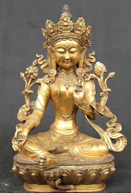 

JP S0524 19" Tibet Buddhism Bronze Gilt Seat Green Tara enlightenment Goddess Statue Discount 35%