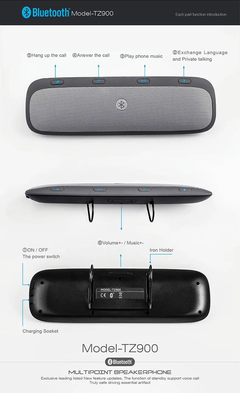 Универсальный TZ900 Bluetooth автомобильный набор, свободные руки, солнцезащитный козырек bluetooth-телефон Голосовая отчетность Беспроводной зарядное устройство для навигации MP3 музыкальный плеер с динамиком