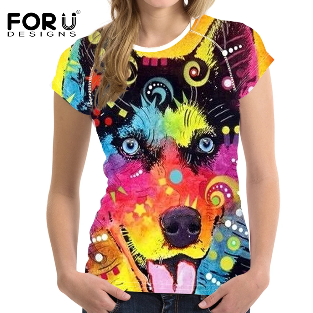 

FORUDESIGNS t shirt Summer Tshirt Women Husky Smile tee shirts Femme Funny Colored Drawing Dog t-shirt Streetwear Cool Tops S M