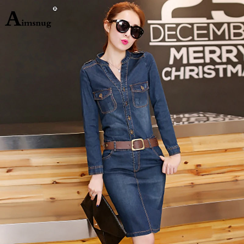Autumn Size 2XL Fitted Denim Jean Dress With Belt Women Sheath Stand Collar Long Sleeves Dresses Vestidos Causal Dress Autumn Size 2XL Fitted Denim Jean Dress With Belt Women Sheath Stand Collar Long Sleeves Dresses Vestidos Causal Dress
