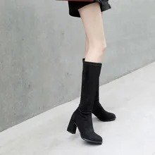 Большие размеры 11, 12, 13, 14, 15, модные ботинки до середины голени с закругленным носком на толстом каблуке, на высоком каблуке, из эластичной тк...(China)