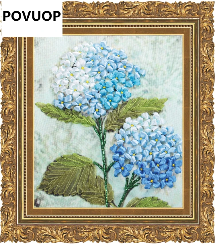 

POVUOP Ribbon embroidery 20X24cm new arrival fashion flower blue dream 3d print cross stitch paintings