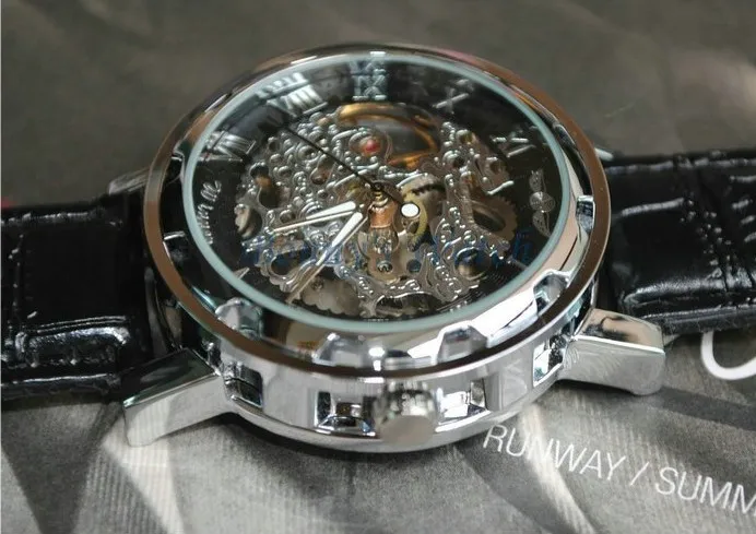 Black Leather Band Stainless Steel Skeleton Mechanical Watch