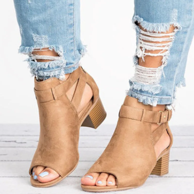 

2019 Women Shoes Fish Mouth Roman High Heel Sandals Buckle Women's Sandals Suede Leather Vintage Summer Shoes Plus Size 34-42