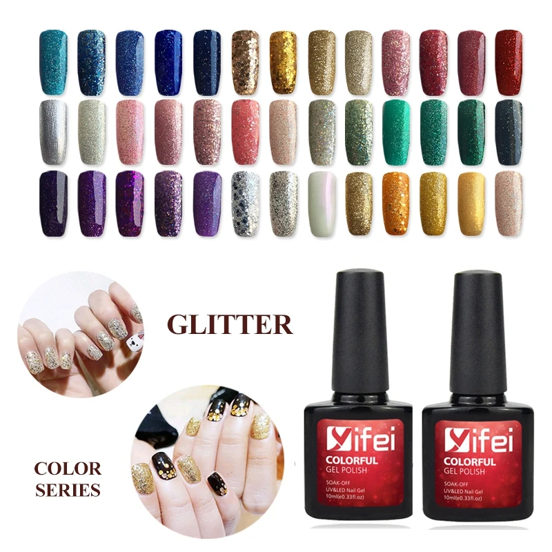 

YIFEI Glitter Gel Nail Polish Set Bling Painting Gellak Semi Permanent Hybrid Varnish Enamel Stamping Polish Base Top Coat