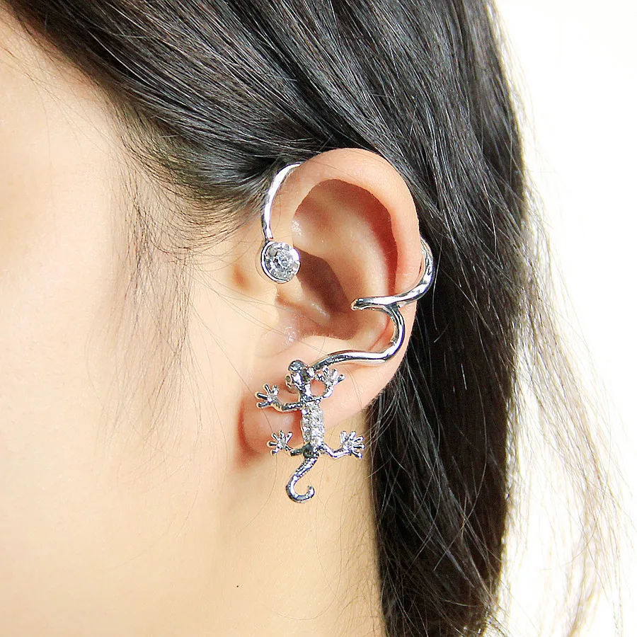 

2019 New Creative Crystal gecko lizard earrings clips Women without Piercing Earring single ear hooks Rhinestone Earring Jewelry