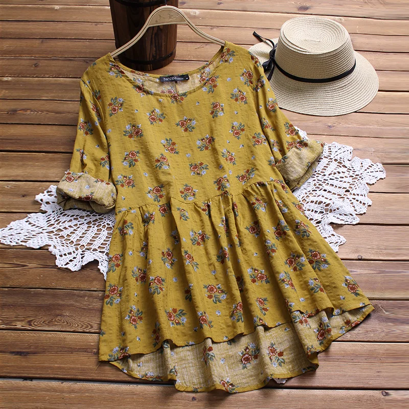 2019 ZANZEA المرأة الصيف بلوزة الزهور طباعة كم طويل عارضة القطن قميص كتان فضفاض حزب العمل أعلى Blusas زائد حجم