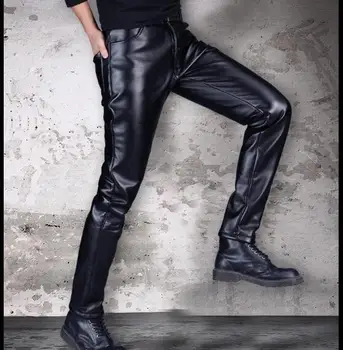 

29-40 2017 new men fashion thick leather pants winter Korean Slim tide motorcycle feet Slim leather pants singer costumes