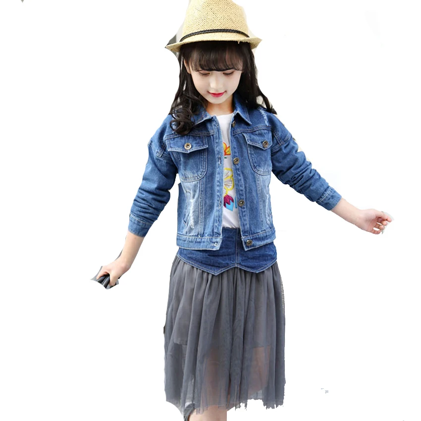 

Girls Clothing Sets Ripped Jeans Jackets & Mesh Skirts 2Pcs Spring Autumn Denim Coats Girls Long Tulle Skirts Kids Outfits 2-12Y