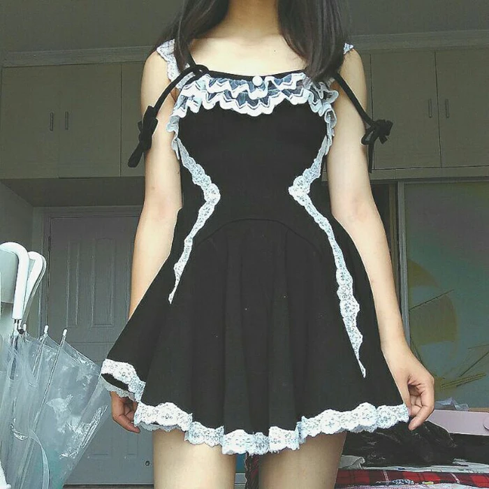 

Daddy Kawaii Cosplay Little Lolita Girl Sweet Patchwork Lace Tie Strap Spaghetti Dress Sleep Home Gown Nightdress Robe Lingerie