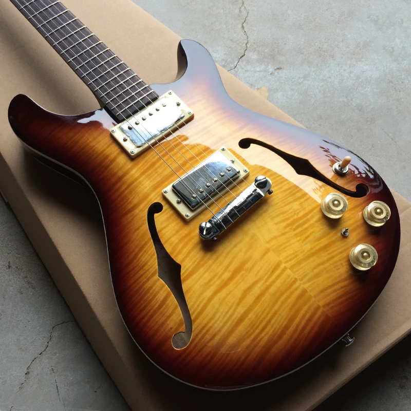 

High quality Electric Guitar, Front and back double drum surface with Flame Maple top, Two F holes, Rosewood fretboard Guitarra