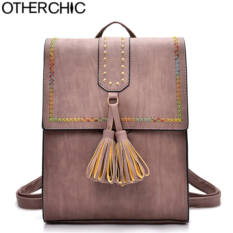 OTHERCHIC Brand Women Tassel Backpacks PU Leather School Bag Travel For Teenage Girls Vintage Fashion Rivet