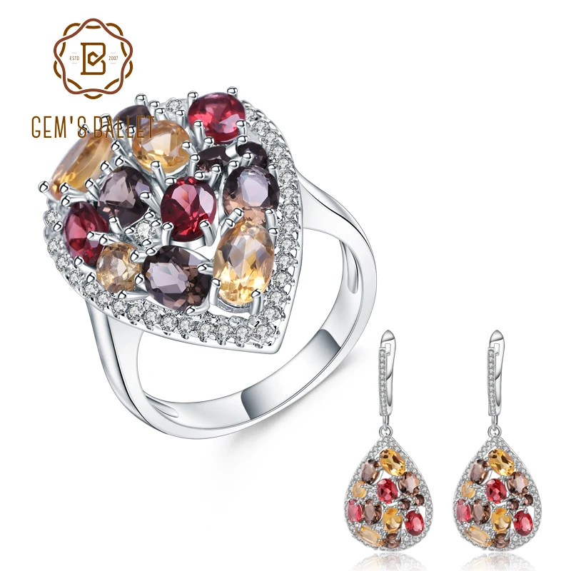 

GEM'S BALLET Natural Smoky Quartz Citrine Gemstone Drop Earrings Ring Sets Pure 925 Sterling Silver Jewelry Set For Women Fine