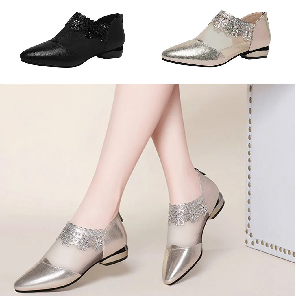 

Women's Fashion Casual Solid Pointed Toe Slip On Square Heel Lace Leather Shoes splice Mesh outdoor walking working Leisure