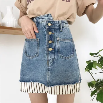 

2019 Summer New Arrival Korean Style Jeans Skirt Washed Chic Misplaced Waist Irregular Skirt Stitching Denim Skirt Free Shippin