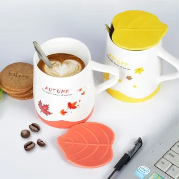 

500mL Ceramic Maple Mug with Lid and Spoon Cute Cartoon Milk Cup Office Tea Water Cup Creative Coffee Tea Mugs Gift Drinkware