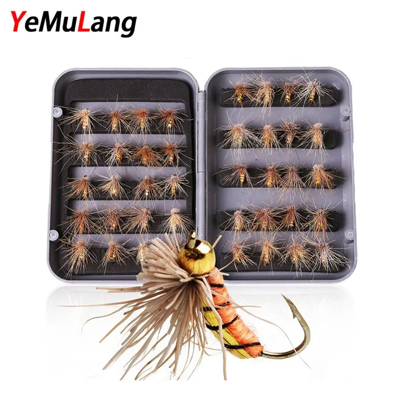 

YeMuLang 40piece Fly Fishing Lure Dry and Wet Hard Bait Simulation Moth Insect With Feather Fishing Hook Tackle For Fishing Box