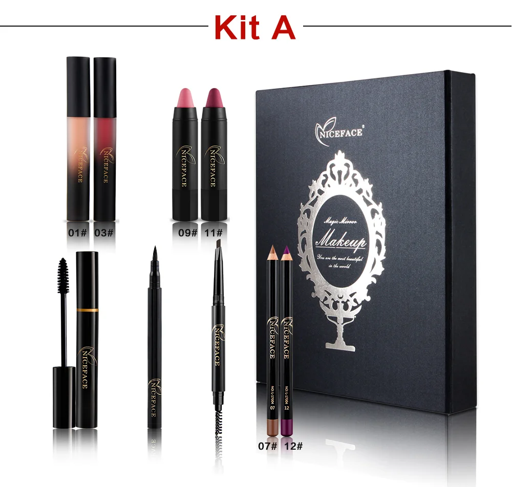 Magic Mirror Makeup Kit Eyelashes mascara + eyeliner + Eyebrow pencil + Lip liner + Liquid lipstick Long Lasting Brand Make Up (12)