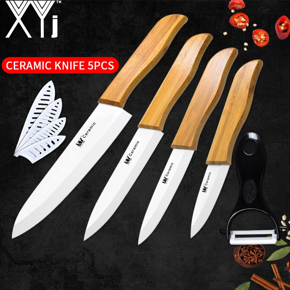 

XYj Ceramic Kitchen Knives Set 3 4 5 6 inch Paring Utility Slicing Chef Knife & Peeler Popular White Blade Bamboo Handle Knife