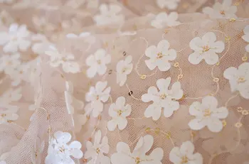 

Ivory Lace Fabric, Embroidered Lace, Sequined Lace Fabric, Retro Floral Pattern with 3D Chiffon Applique