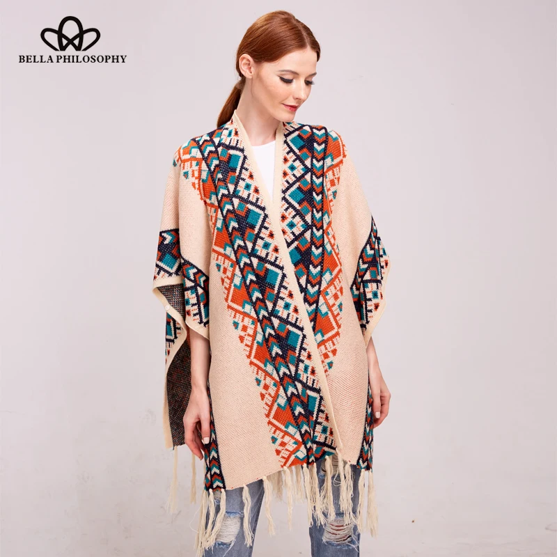 

Bella Philosophy 2019 women autumn winter tribal ethnic knitting cardigan sweater warm shawl Fashion streetwear poncho cape
