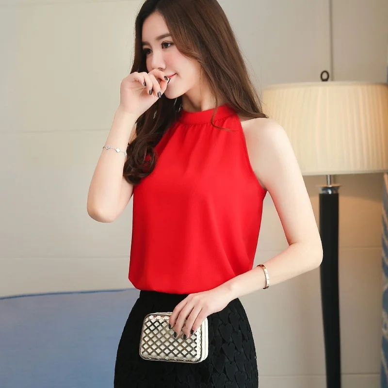 

Blouse Women 2019 Summer Casual Shirt Fashion Solid Color Round Neck Sleeveless Chiffon Shirt Blusa