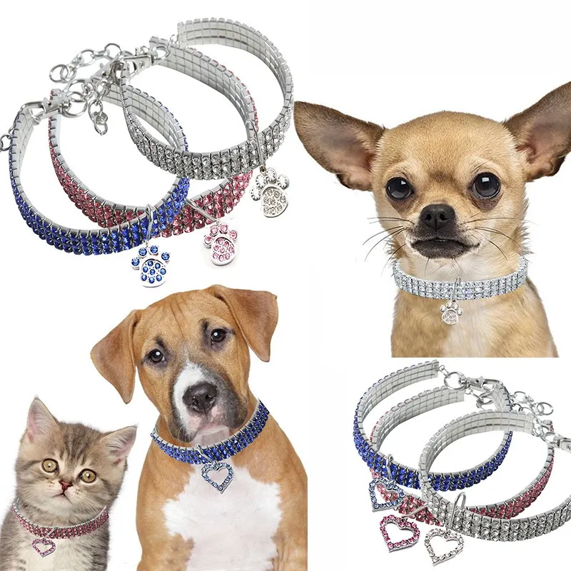 Блестящие собачий ошейник в стразах эластичные Bling собака ожерелье воротники с подвеска «любящее сердце» для маленький средний щенок собака породы чихуахуа